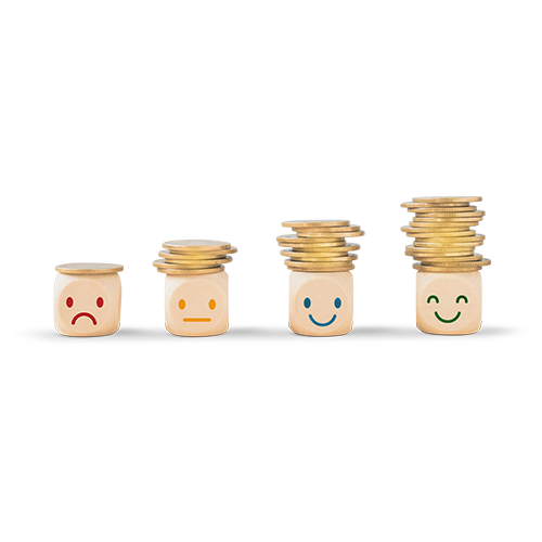 Four small wooden blocks showing different facial expressions carrying coins on top.