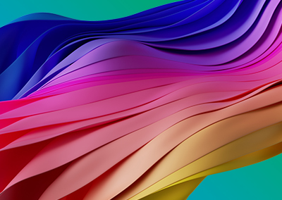 Abstract design with flowing blue, pink and yellow waves on a green background, creating a vibrant and smooth pattern.