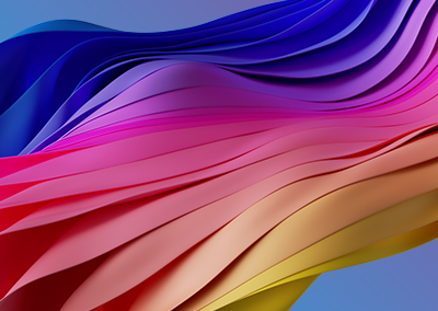 Abstract design with flowing blue, pink and yellow waves on a purple background, creating a vibrant and smooth pattern.