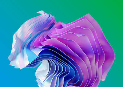 Abstract artwork featuring flowing blue, purple and white wavy patterns on a gradient blue and green background.