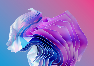 Abstract artwork featuring flowing blue, purple and white wavy patterns on a gradient blue and pink background.