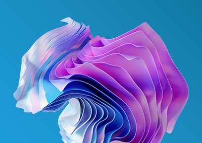 Abstract artwork featuring flowing blue, purple and white wavy patterns on a gradient blue and teal background.