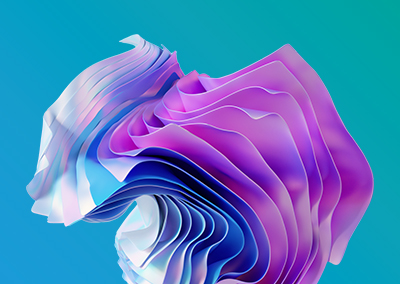 Abstract artwork featuring flowing blue, purple and white wavy patterns on a gradient blue and turquoise background.