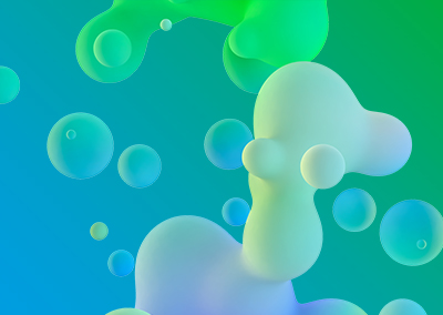 Abstract design featuring soft, colorful bubbles and organic shapes on a gradient background of green and blue hues.