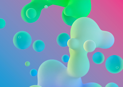 Abstract design featuring soft, colorful bubbles and organic shapes on a gradient background of pink and blue hues.