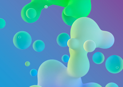 Abstract design featuring soft, colorful bubbles and organic shapes on a gradient background of purple and blue hues.