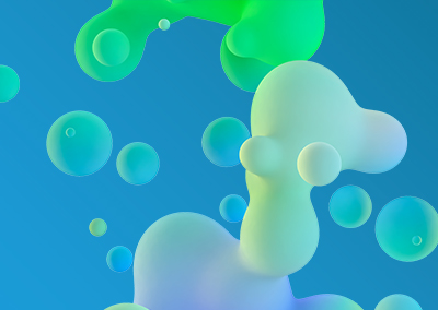 Abstract design featuring soft, colorful bubbles and organic shapes on a gradient background of teal and blue hues.