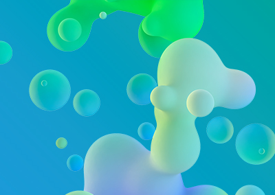 Abstract design featuring soft, colorful bubbles and organic shapes on a gradient background of turquoise and blue hues.