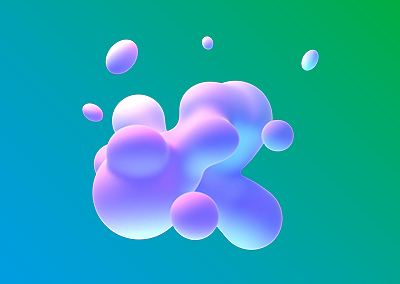 Abstract colorful shapes in shades of purple and blue, resembling bubbles, set against a gradient green background. The design conveys a modern and playful aesthetic.