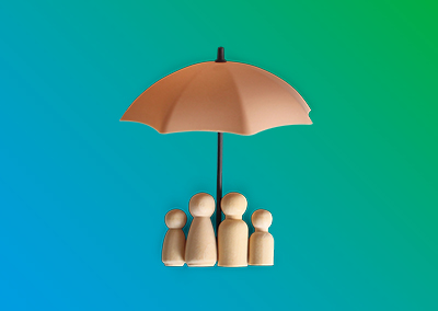 Family of four peg dolls underneath an umbrella.