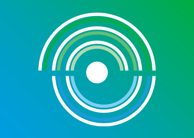 An animated graphic featuring a spinning circle composed of upward and downward semi-circles in varying shades of blue, producing a green gradient effect.